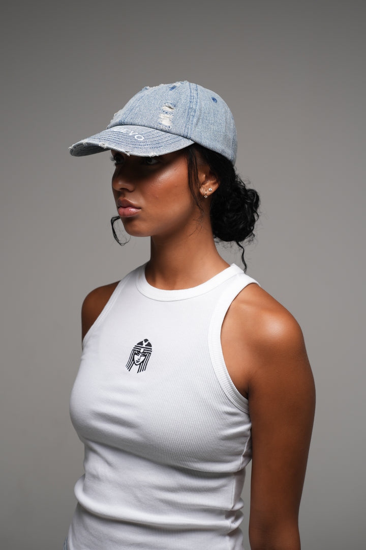 Distressed denim cap